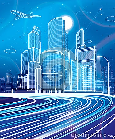 Wide illuminated highway. Modern night town. Traffic neon lights. Car overpass. Infrastructure outlines illustration, urban scene. Vector Illustration